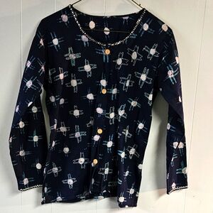 Navy Blue Geometric Abstract Full Sleeve Top
